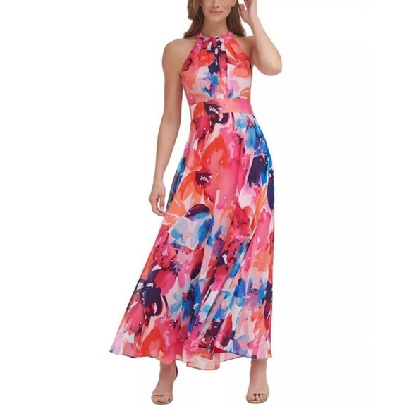 💕ELIZA J💕 Halter Neck Maxi Dress ~ Bold Watercolor Abstract Floral Print 8 NWT - Picture 5 of 16